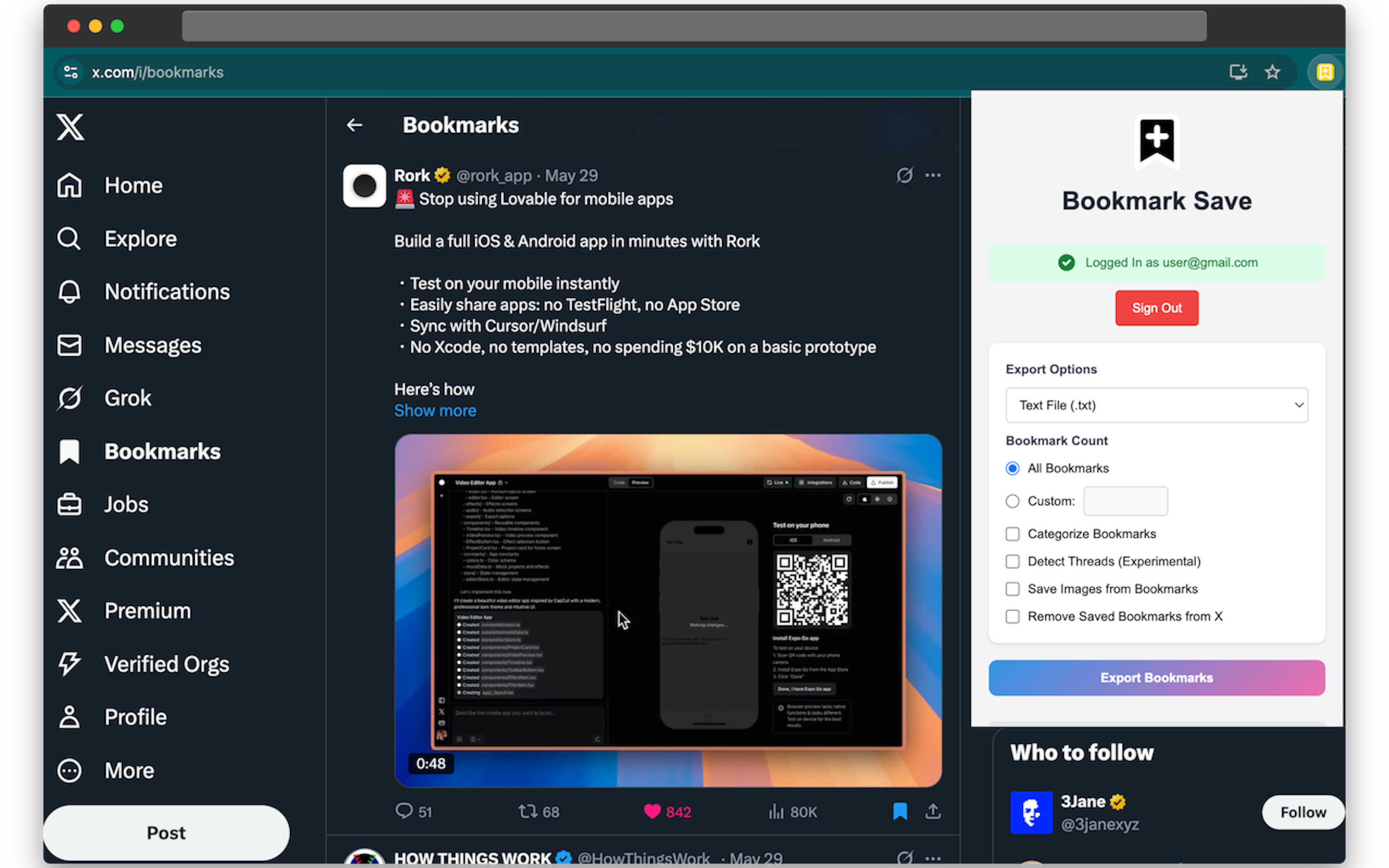 BookmarkSave Chrome extension interface showing Twitter bookmarks being exported to multiple formats including PDF, CSV, TXT and MD